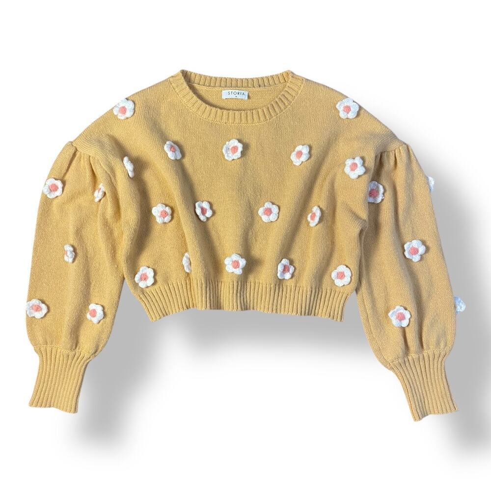 Storia Pom Pom Daisy Knit Cropped Sweater Womens Size M Yellow‎ Boho
